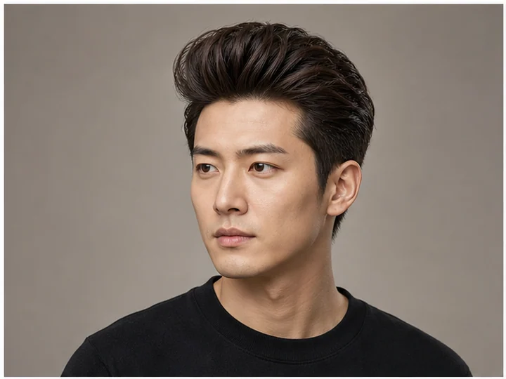 Pompadour — Hair swept high and back into a smooth rounded front volume.