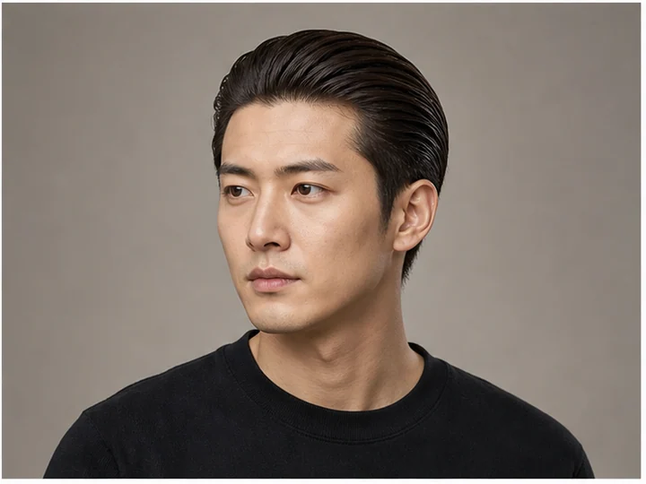 Slicked-back hair — All top hair combed smoothly straight back from the forehead.