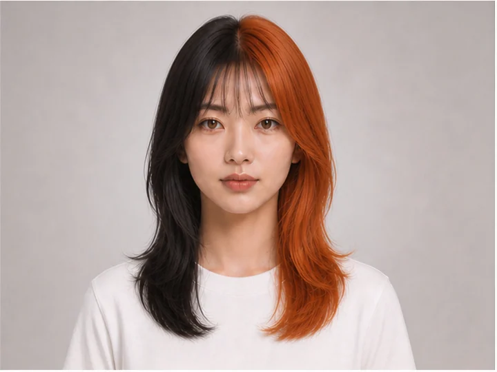 Split-dye hair — A hair-color design divided into two distinct colors on the left and right sides of the head.