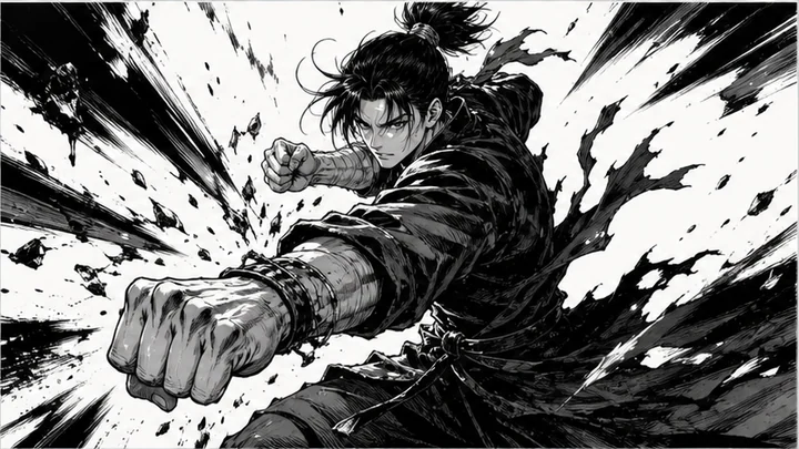Battle manga-style — A manga style making combat poses, impact and attack paths highly legible.
