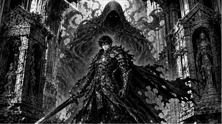 Dark-fantasy manga-style — A dark fantasy manga look using dense ink for monsters, scars and decayed worlds.