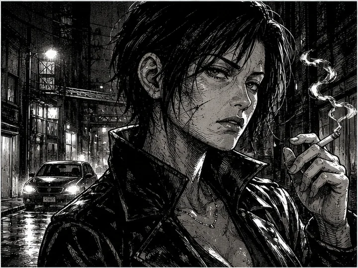 劇画 — 重いインク、現実的な人物、映画的な構図で劇的な物語を描く漫画表現。