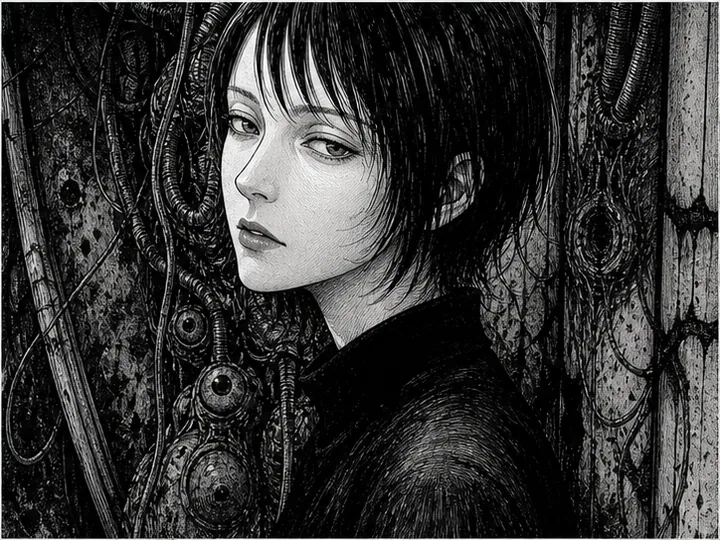 ホラー漫画風 — 不穏な顔、細密な線、黒の密度で恐怖や違和感を作る漫画表現。