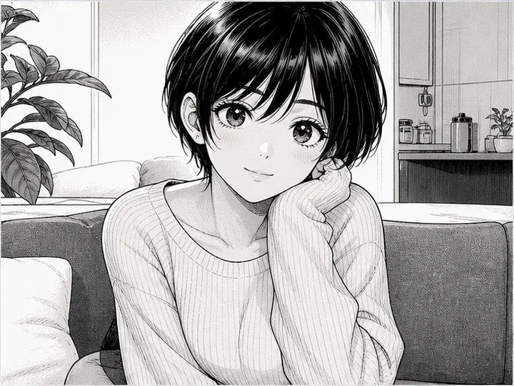 萌え漫画風 — 丸い顔、大きな瞳、小さな鼻口で親しみを強めるキュートな漫画表現。