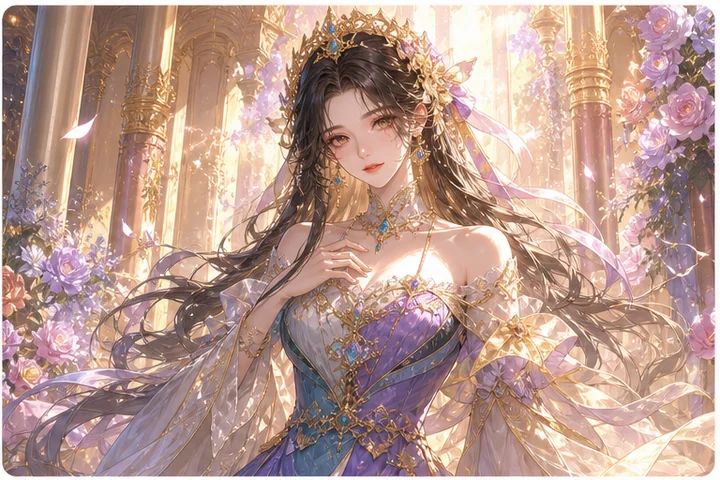 Romance-fantasy webtoon-style — A full-colour vertical comic look with ornate dress, court settings and refined romantic characters.