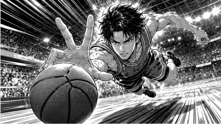 スポーツ漫画風 — 身体運動、速度、勝負の緊張を強調する漫画表現。