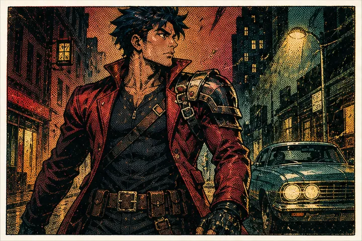Vintage pulp-comic style — A vintage mass-market comic look using rough paper, limited print colour and melodramatic staging.