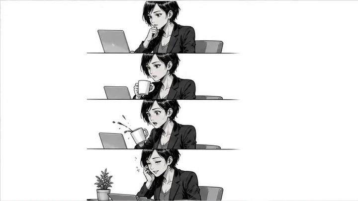4コマ漫画風 — 縦4段の定型コマで、導入から落ちまでを短く構成する漫画形式。