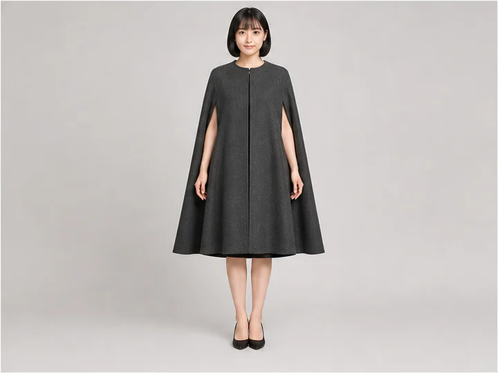Cape — A sleeveless outer garment draping freely from the shoulders.