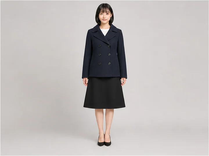 Pea coat — A short heavy wool coat with a broad double-breasted front.