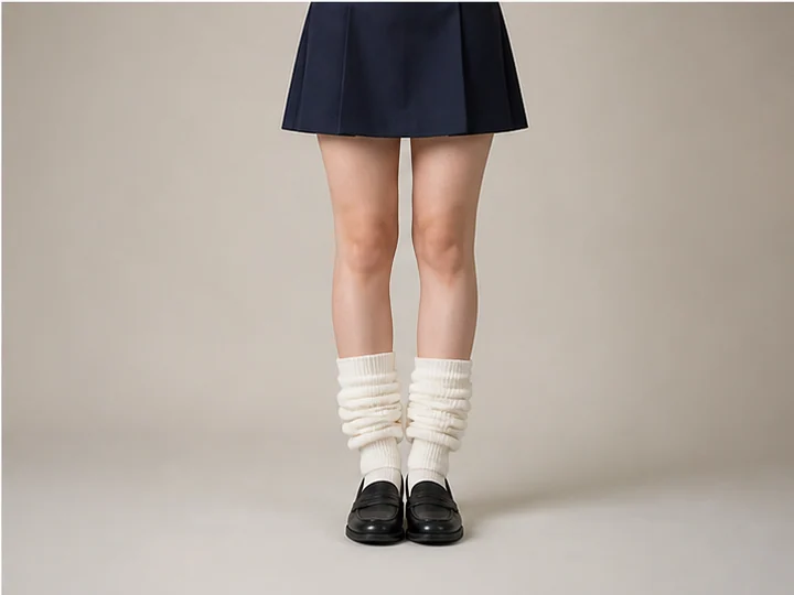 Loose socks — Baggy socks worn with abundant fabric slouched into thick folds around the ankle and calf.