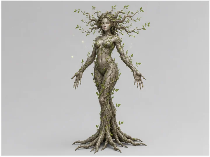 ドライアド — 樹皮、枝、葉、根が身体そのものへ統合された植物人型。