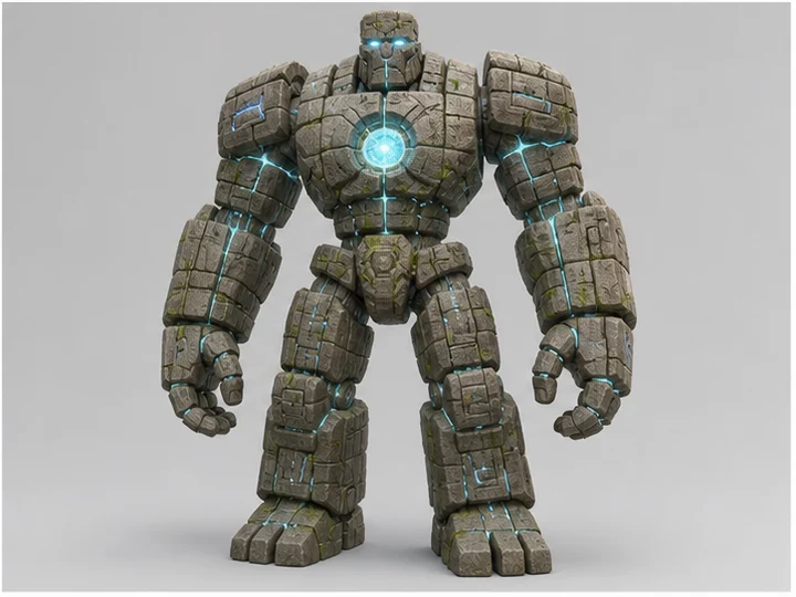 Golem — A massive constructed humanoid assembled from stone blocks.