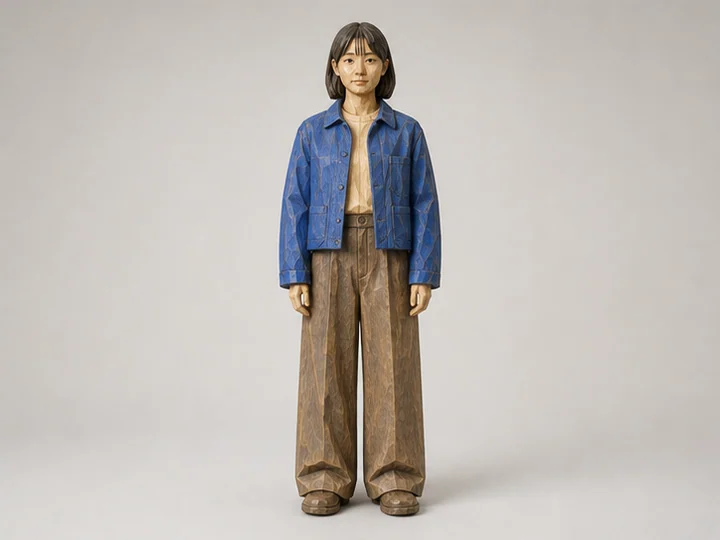 Carved wood sculpture — Three-dimensional carving made by removing wood, retaining visible grain, chisel marks and cut facets.