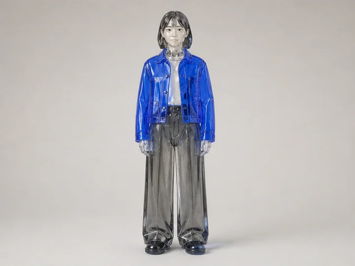 Glass sculpture — A three-dimensional character formed in transparent or translucent glass, emphasizing transmission, refraction and internal reflection.