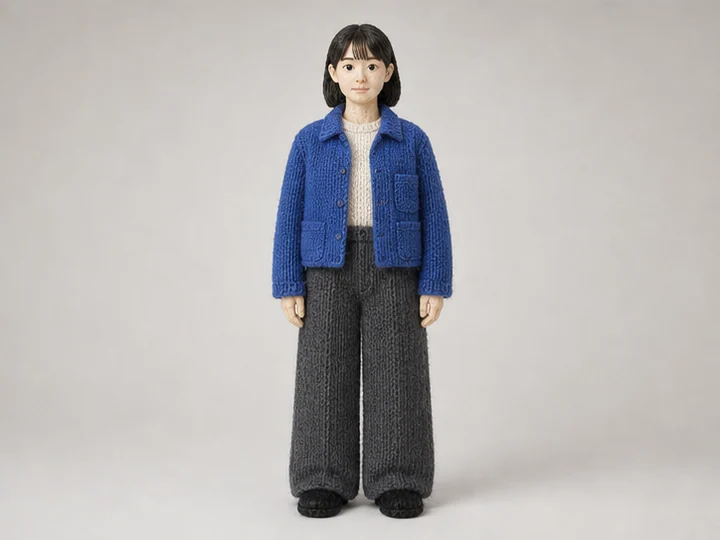 Knitted yarn art — A character whose body and clothing are formed from continuous knitted loops and visible yarn fibres.